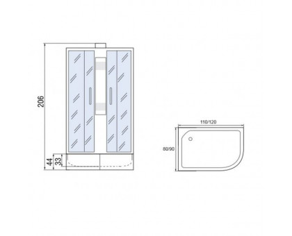 Душевая кабина Мономах 120/80/44 Б/К МЗ L 120х80х206, без крыши, асимметричная